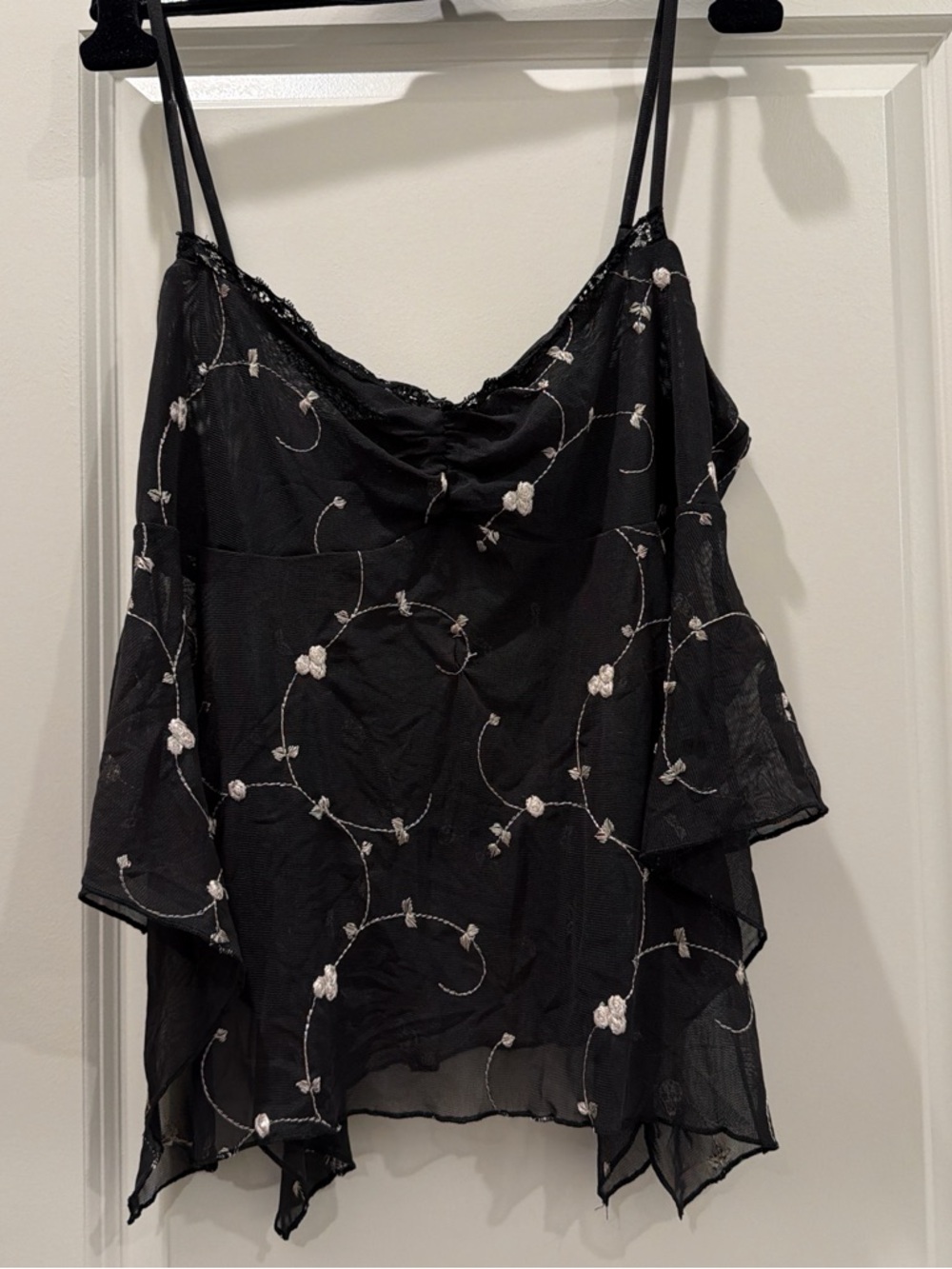 Urban Outfitters Black Sheer Babydoll Top with Floral Embroidery